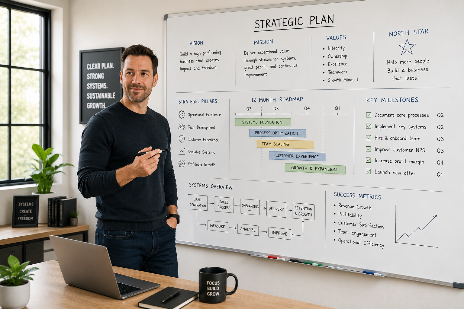 A confident business founder stands beside a whiteboard filled with strategic timelines, milestones, and process diagrams in a bright, organized office, holding a marker and reviewing a clear business growth plan.