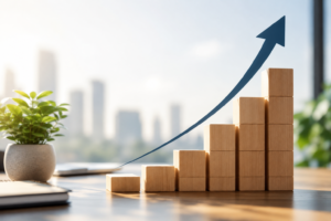 Wooden blocks stacked in ascending steps with a large upward arrow in a bright modern office, symbolizing small business growth, scalability, and long-term success.