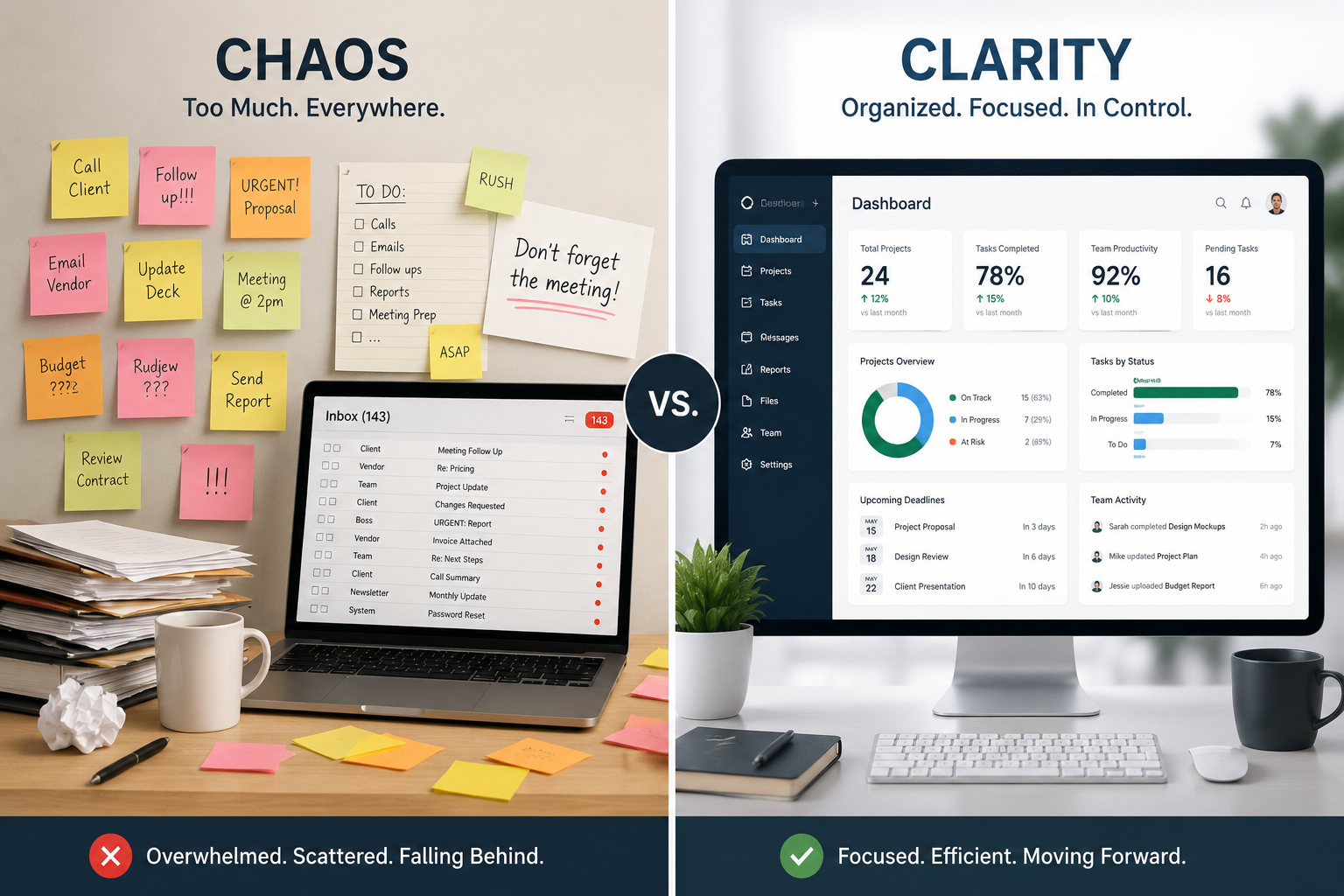 Split-screen comparison showing a cluttered workspace with sticky notes and overflowing emails on the left and an organized digital business dashboard with performance metrics on the right.