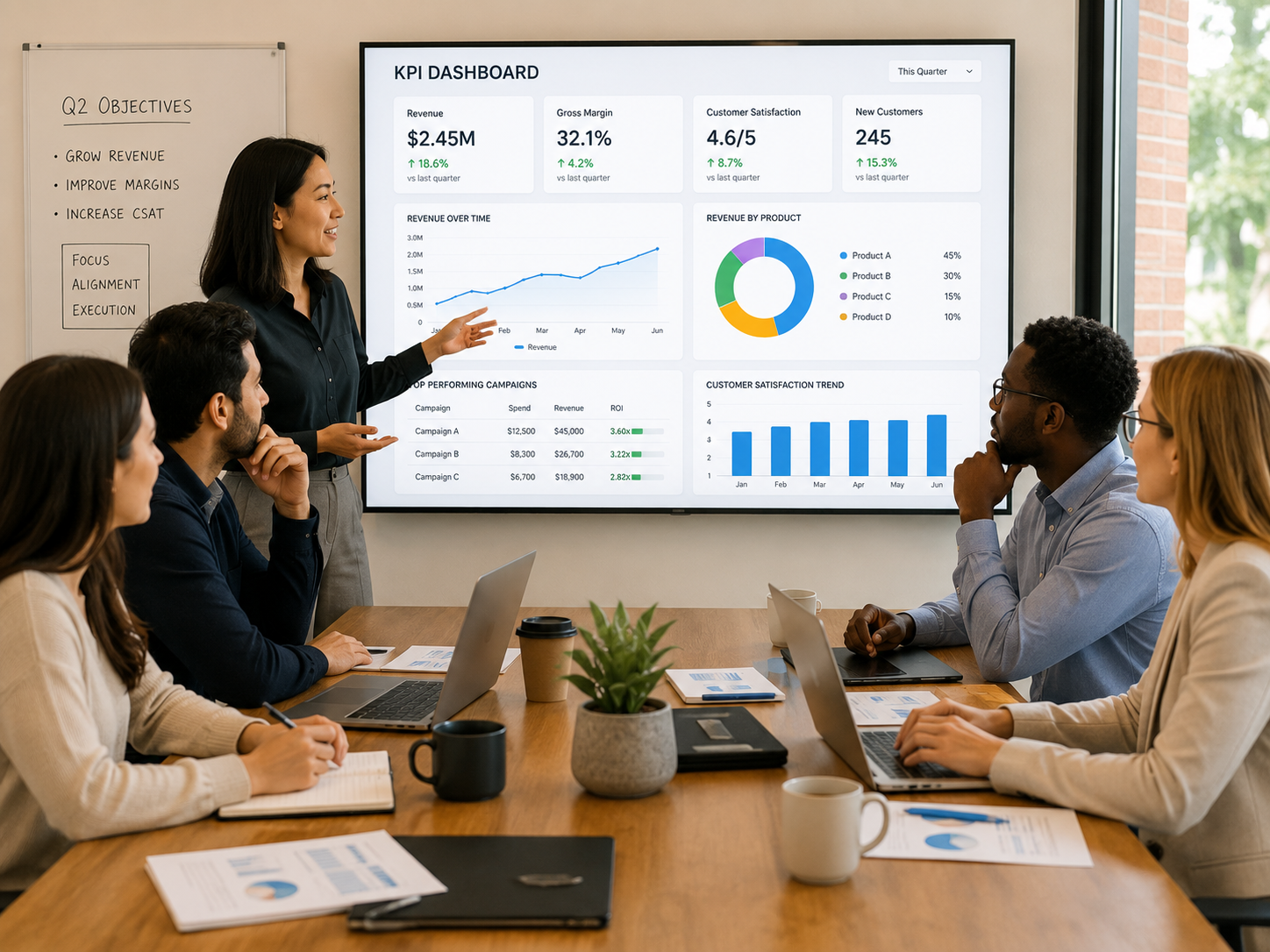 Diverse business team gathered around a conference table reviewing KPI dashboards and performance metrics on a large digital display in a modern meeting room.