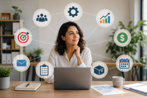 Small business owner working on a laptop in a modern office with connected business management icons representing operations, finance, communication, planning, and productivity.