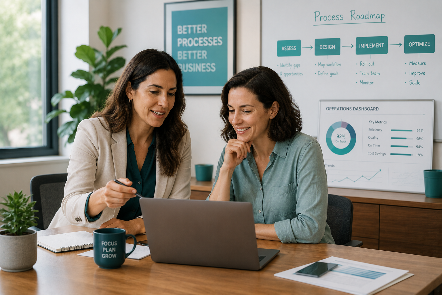 A female operational advisor and a small-business founder review dashboards and a process roadmap together on a shared laptop in a bright, modern office.