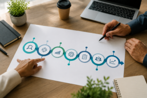 An overhead view of two professionals reviewing a visual business process roadmap with workflow icons on a desk in a modern office, representing strategic process optimization planning.