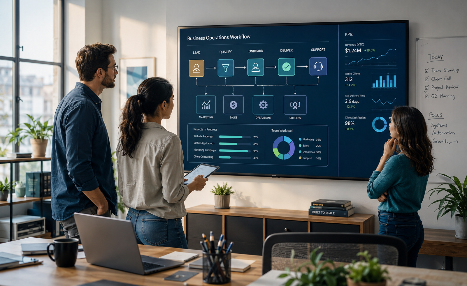 A small-business founder and two team members review connected workflow diagrams and KPI dashboards on a large wall display in a bright, modern office with organized desks and natural daylight.