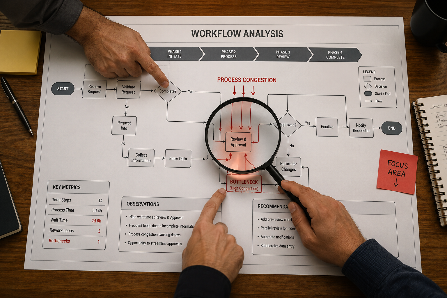An overhead view of a printed workflow diagram on a wooden table with a magnifying glass highlighting a process bottleneck while two hands point to the congested area marked with red arrows.