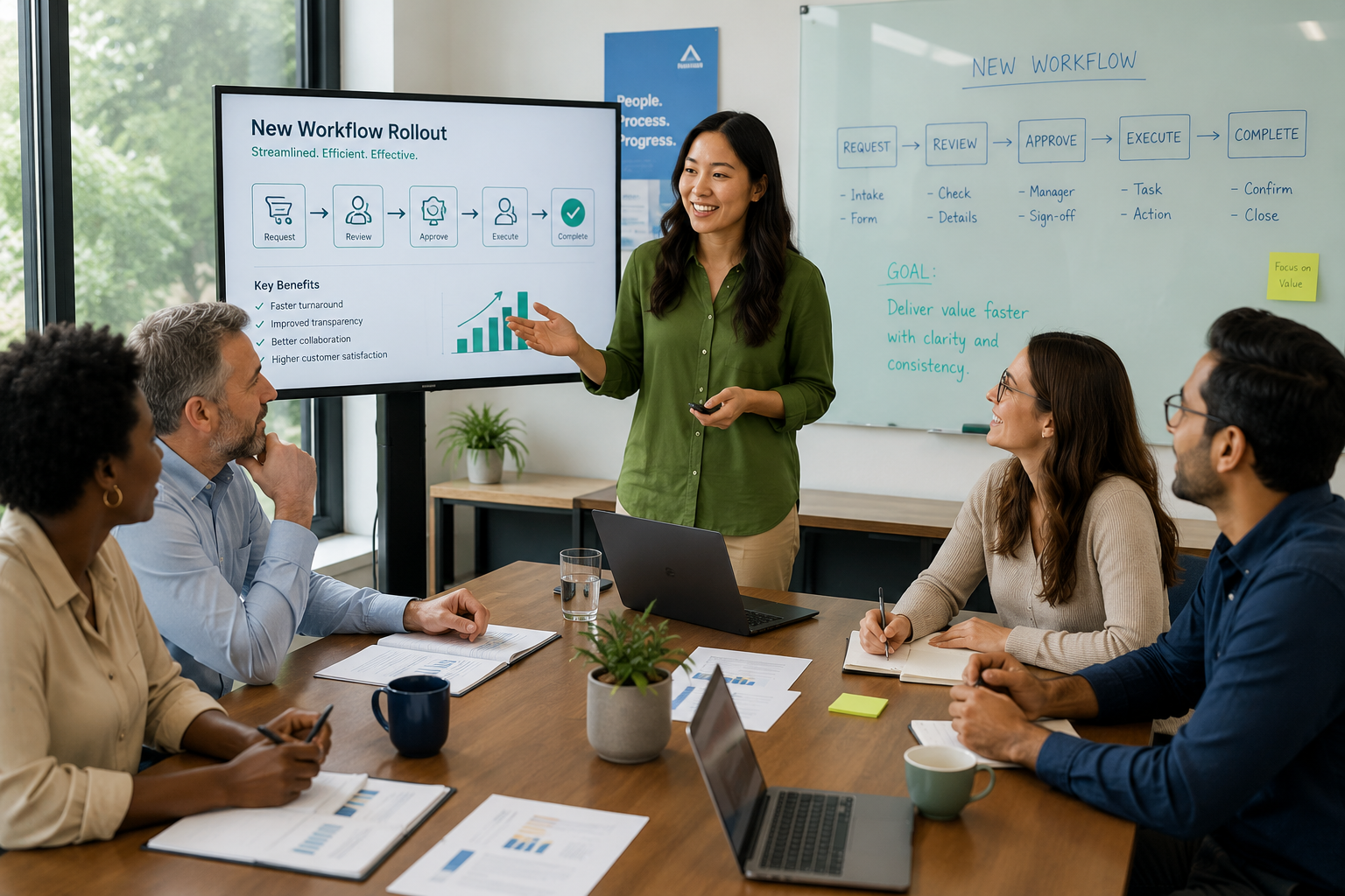 A diverse small-business team attends a workflow rollout meeting as one presenter explains a new process on a large screen while colleagues take notes in a bright, collaborative office.
