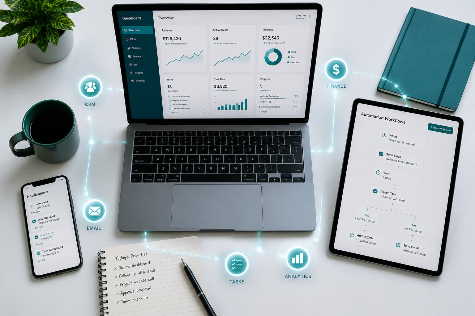 Laptop, tablet, and smartphone showing connected business software dashboards and automation workflows
