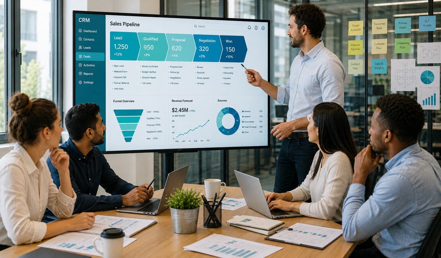 Marketing and sales team reviewing a CRM sales pipeline and funnel analytics on a large monitor