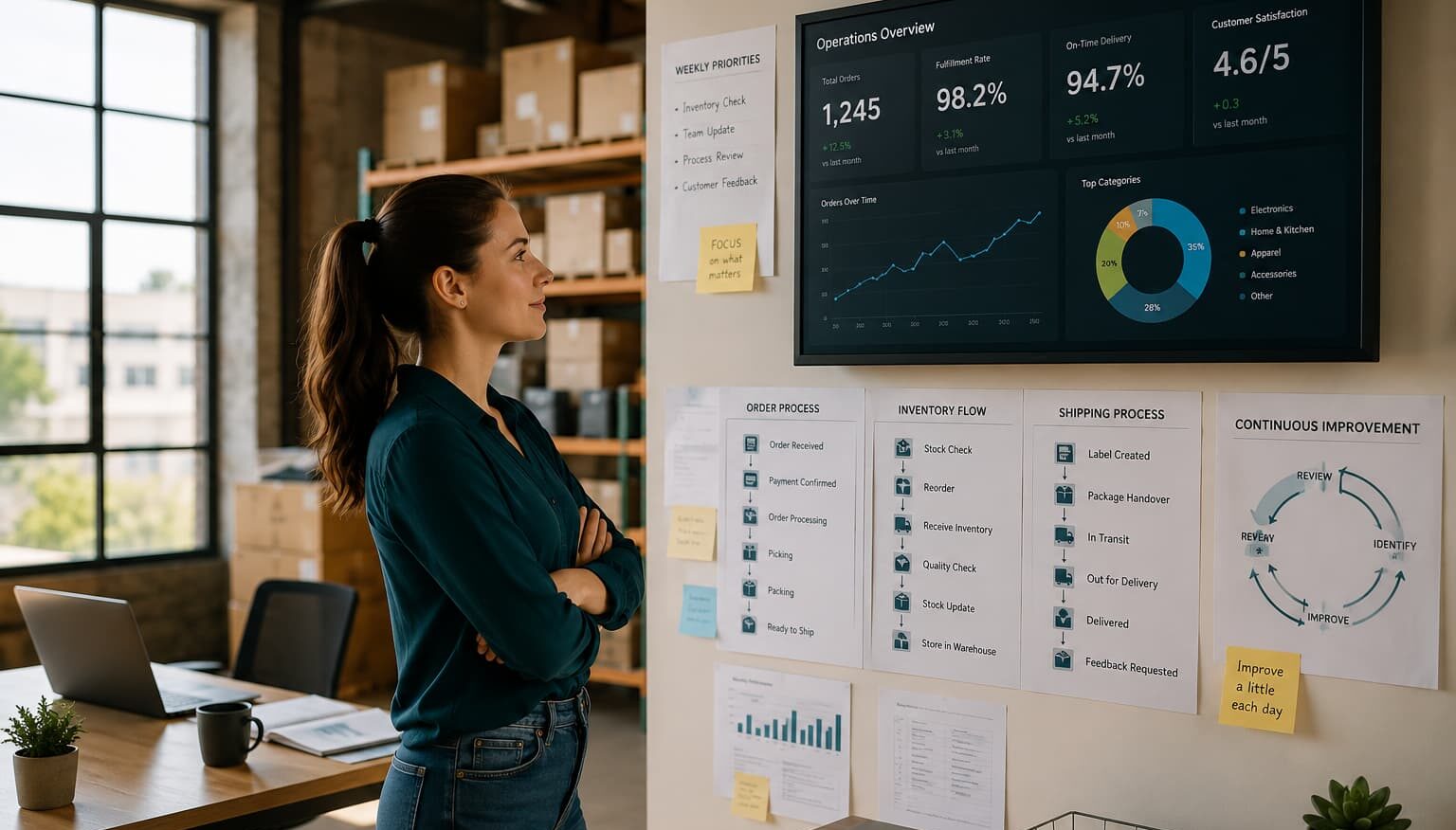 Small business founder reviewing operational dashboards and workflow charts in a modern warehouse office