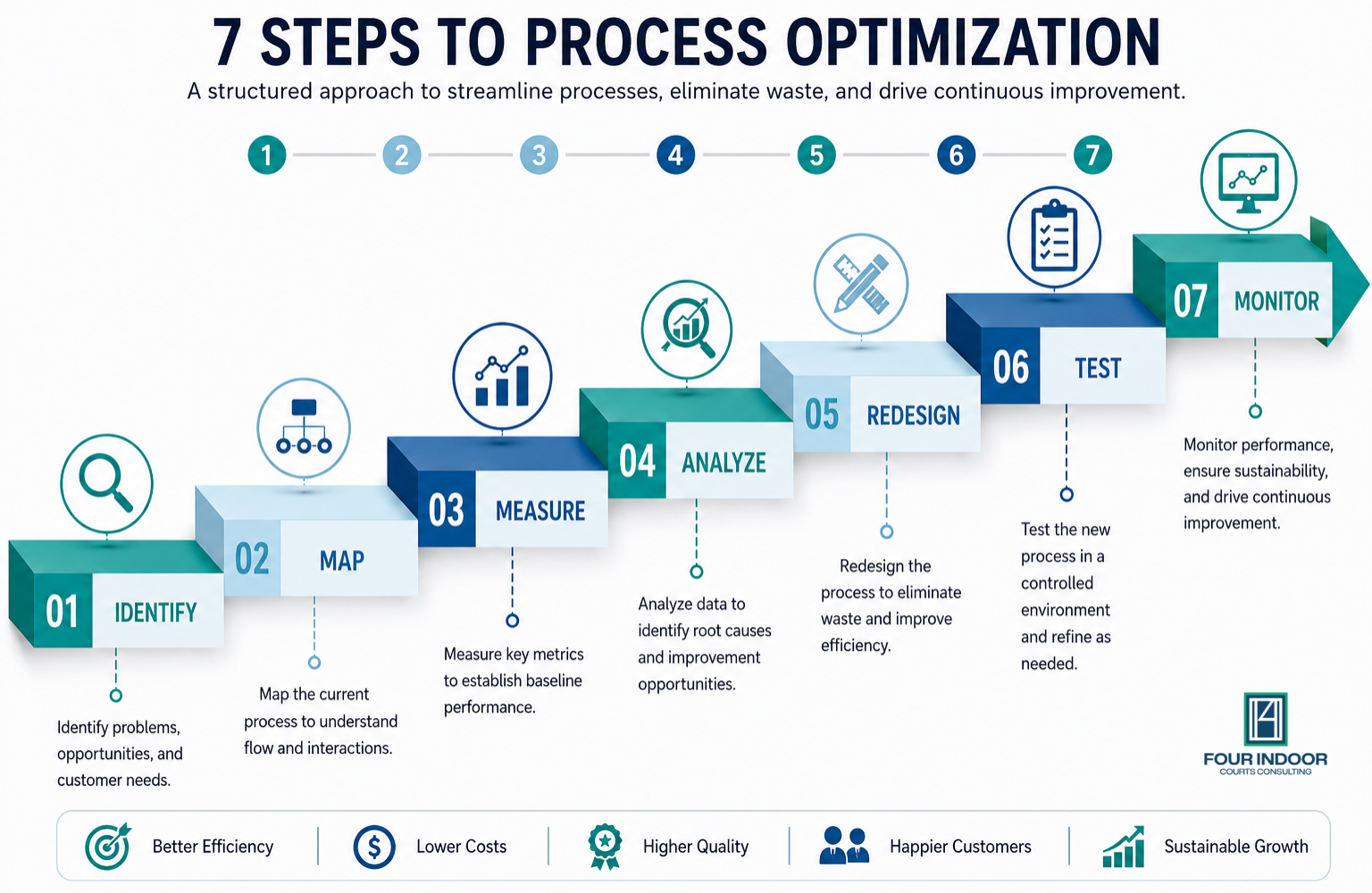 A seven-step staircase infographic illustrating the process optimization journey from Identify to Monitor, using teal, blue, and light gray colors with icons representing each phase and concise descriptions beneath every step.