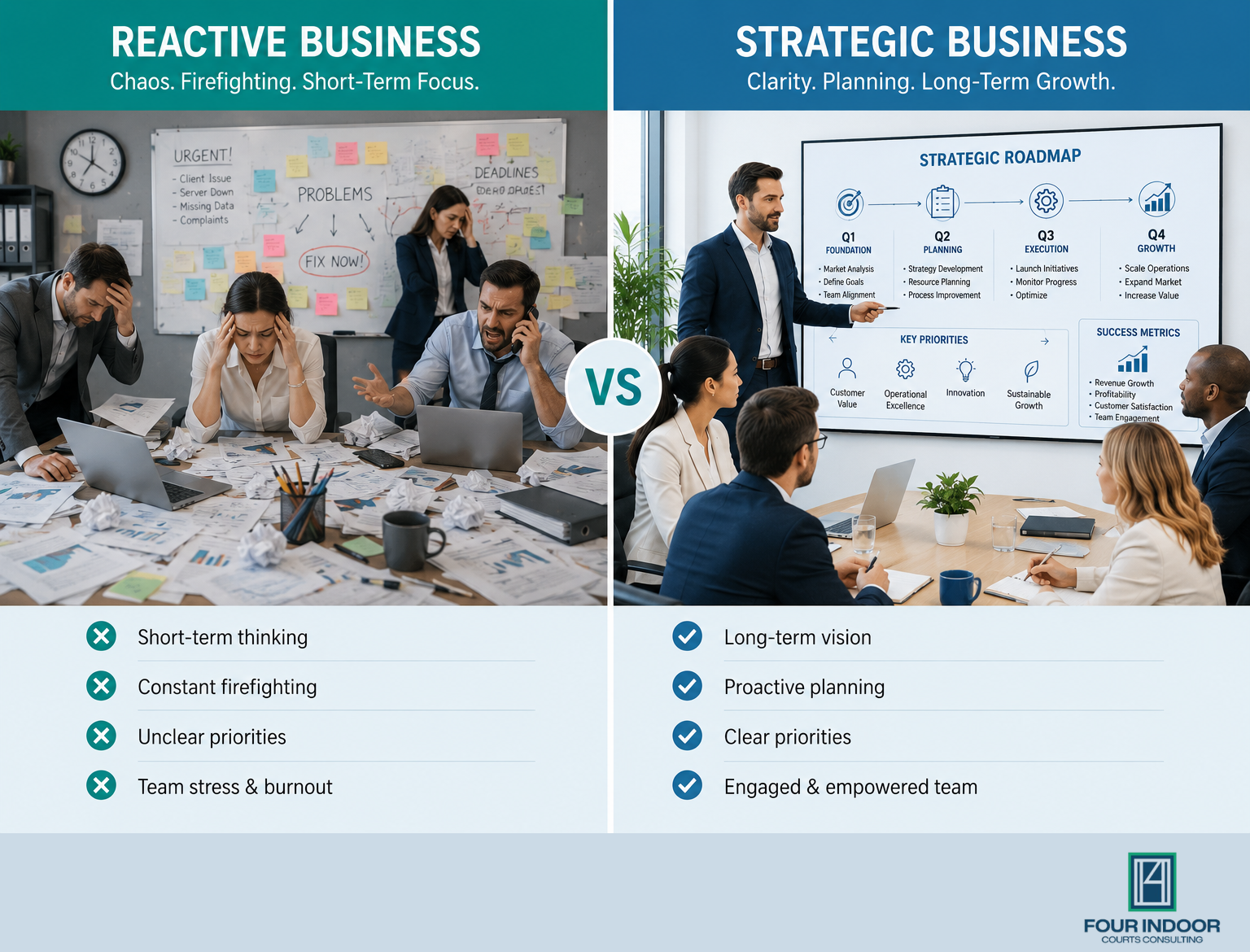 Split-screen comparison of a chaotic business office with stressed employees and scattered paperwork beside an organized strategic planning meeting with confident leaders reviewing a business roadmap in a modern conference room.