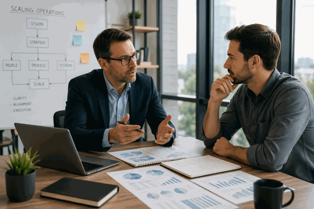 Fractional COO discussing business strategy with a founder across a conference table in a bright modern office with operational charts and planning documents.