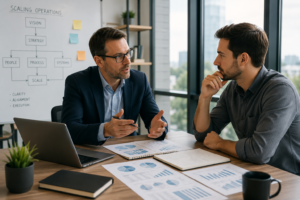 Fractional COO discussing business strategy with a founder across a conference table in a bright modern office with operational charts and planning documents.
