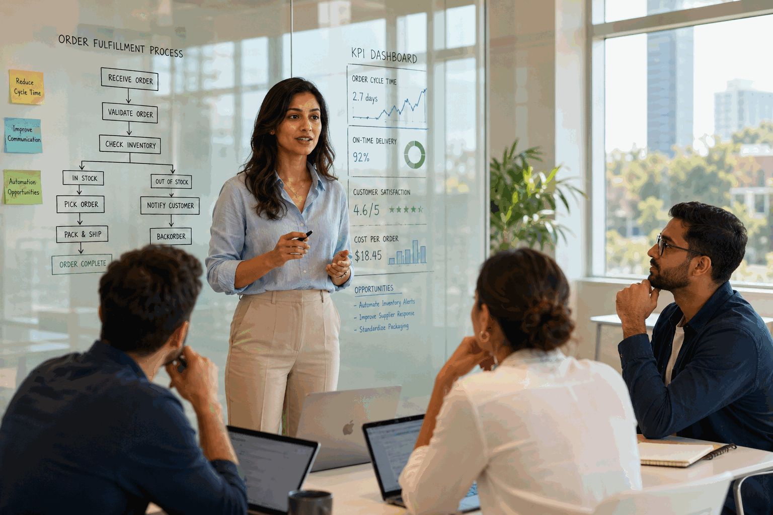 Confident female business operator standing beside a glass conference wall filled with workflow diagrams and KPI charts while speaking with a small founder-led team in a bright, modern office.