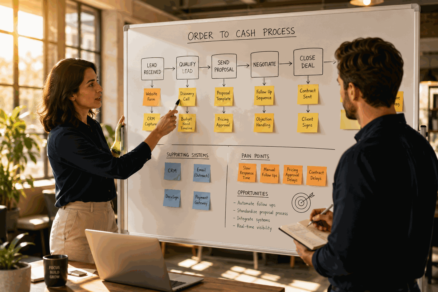 Experienced operations consultant mapping a business process on a large whiteboard with sticky notes and arrows while a founder stands nearby taking notes in a bright startup office.