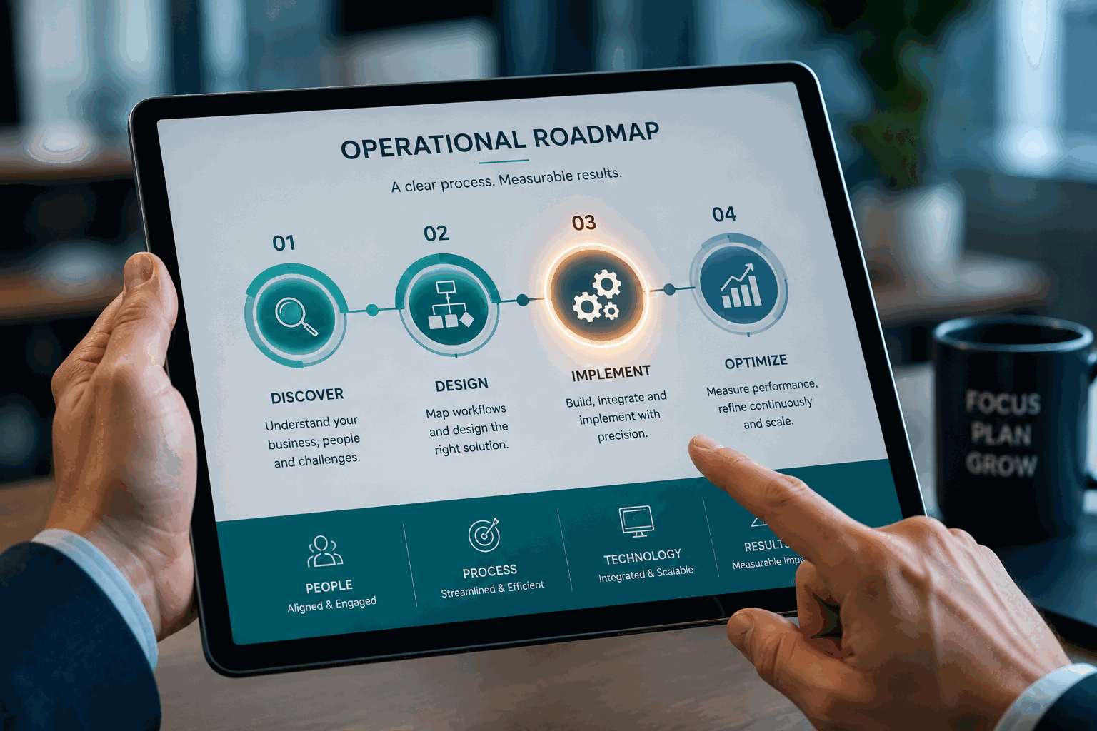 Close-up of a business leader holding a tablet displaying a four-step operational roadmap with connected workflow stages in a modern office with a softly blurred background.