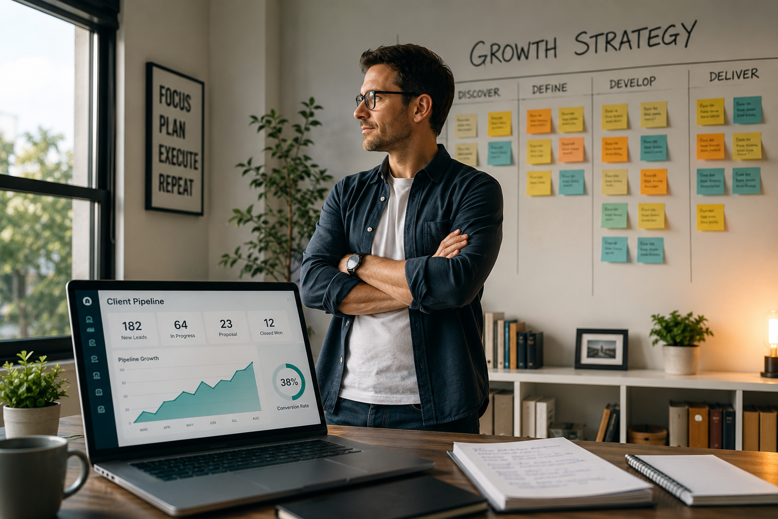 Confident small business founder standing in a modern office, reviewing a wall of sticky notes and a laptop displaying a client pipeline growth dashboard with natural window light.