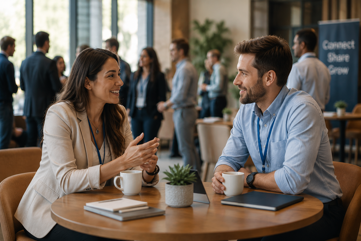 Two professionals having a friendly conversation over coffee at a bright industry meetup with closed laptops and blurred attendees in the background.