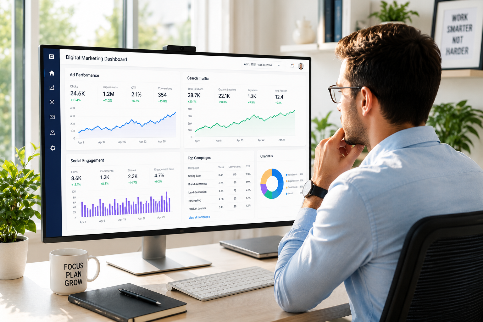 Over-the-shoulder view of a founder reviewing a digital marketing dashboard with ad performance, search traffic, and social engagement metrics on a large monitor in a bright home office.