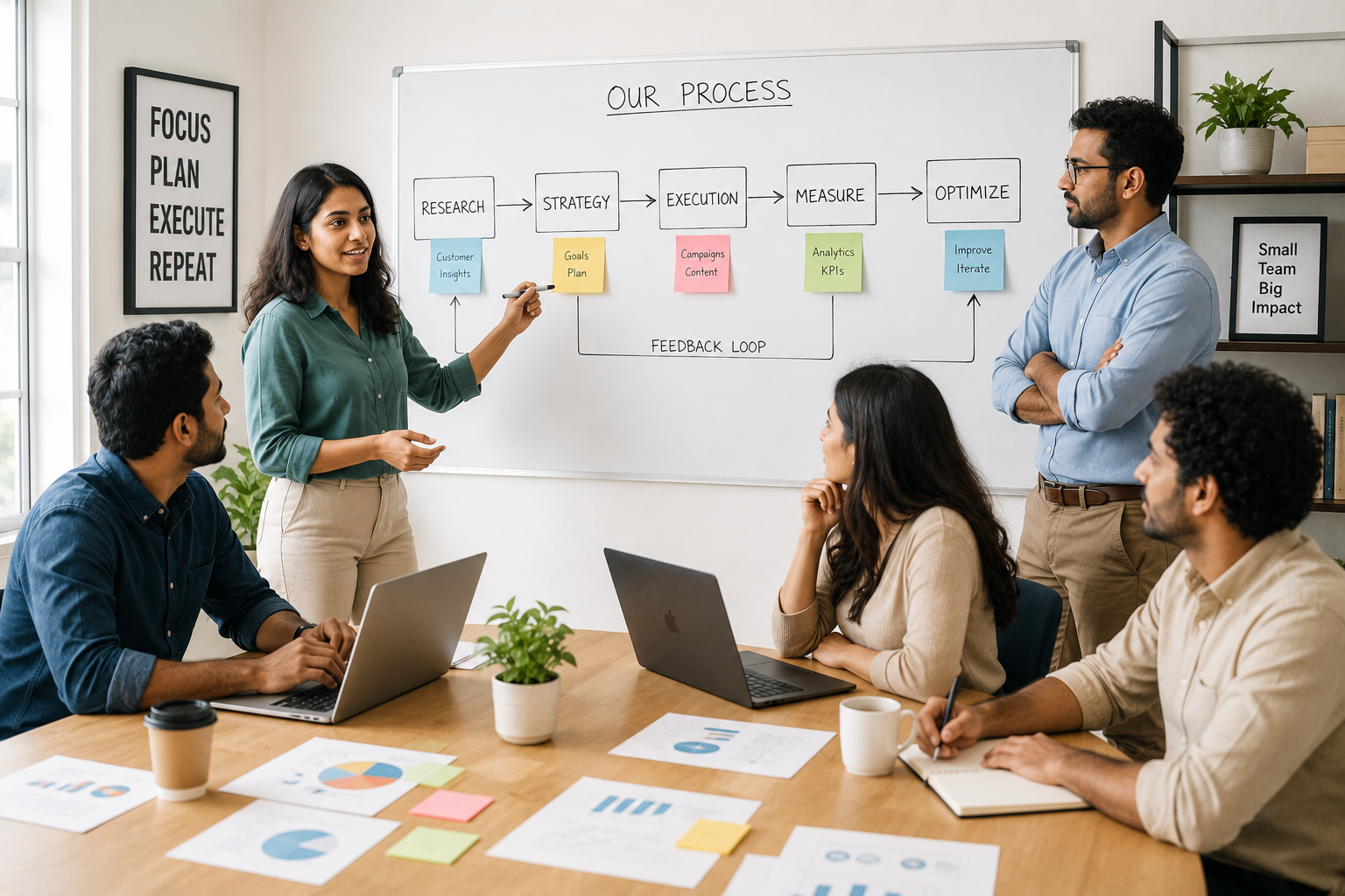 Small business team collaborating around a conference table with a process flowchart on a whiteboard as a founder observes and a team member leads the discussion.
