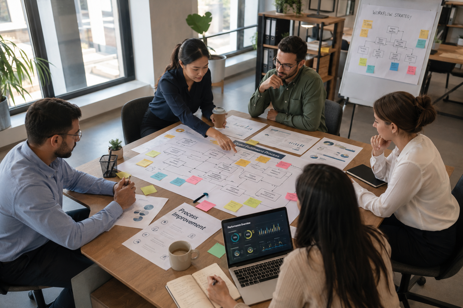 Overhead view of a small business team collaborating around a conference table with printed process flowcharts, sticky notes, and a laptop displaying performance dashboards in a bright modern office.