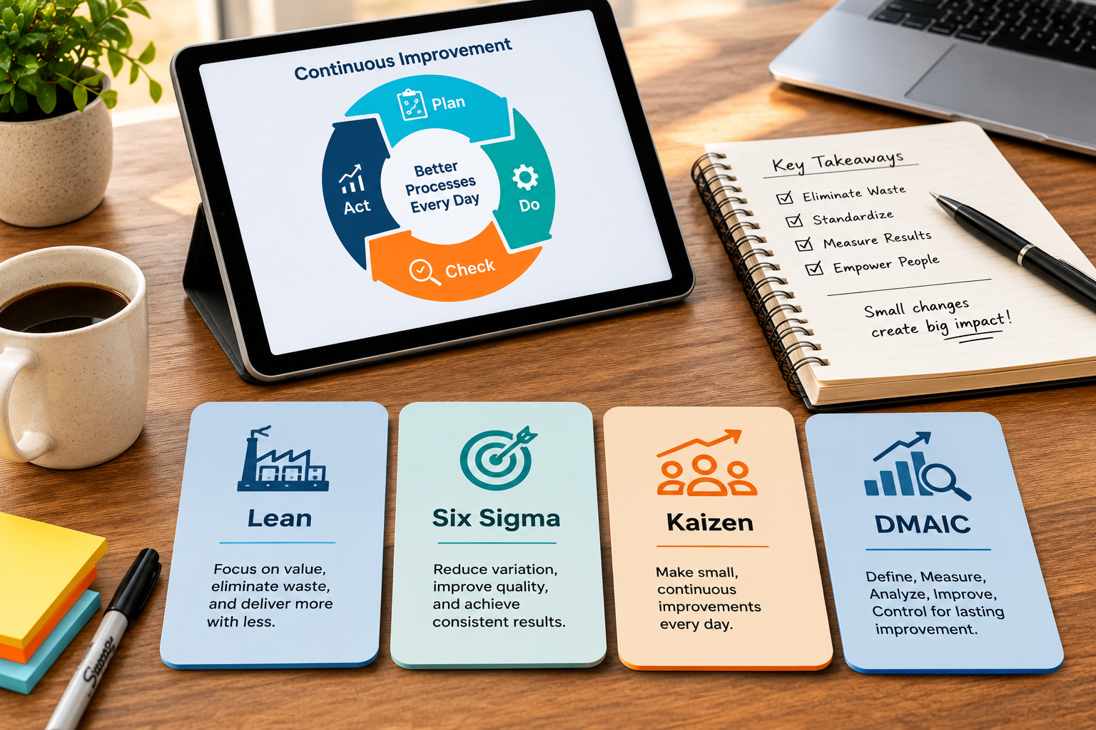 Conceptual desk scene with framework cards labeled Lean, Six Sigma, Kaizen, and DMAIC beside a tablet displaying a continuous improvement cycle, accompanied by a notebook and coffee cup.