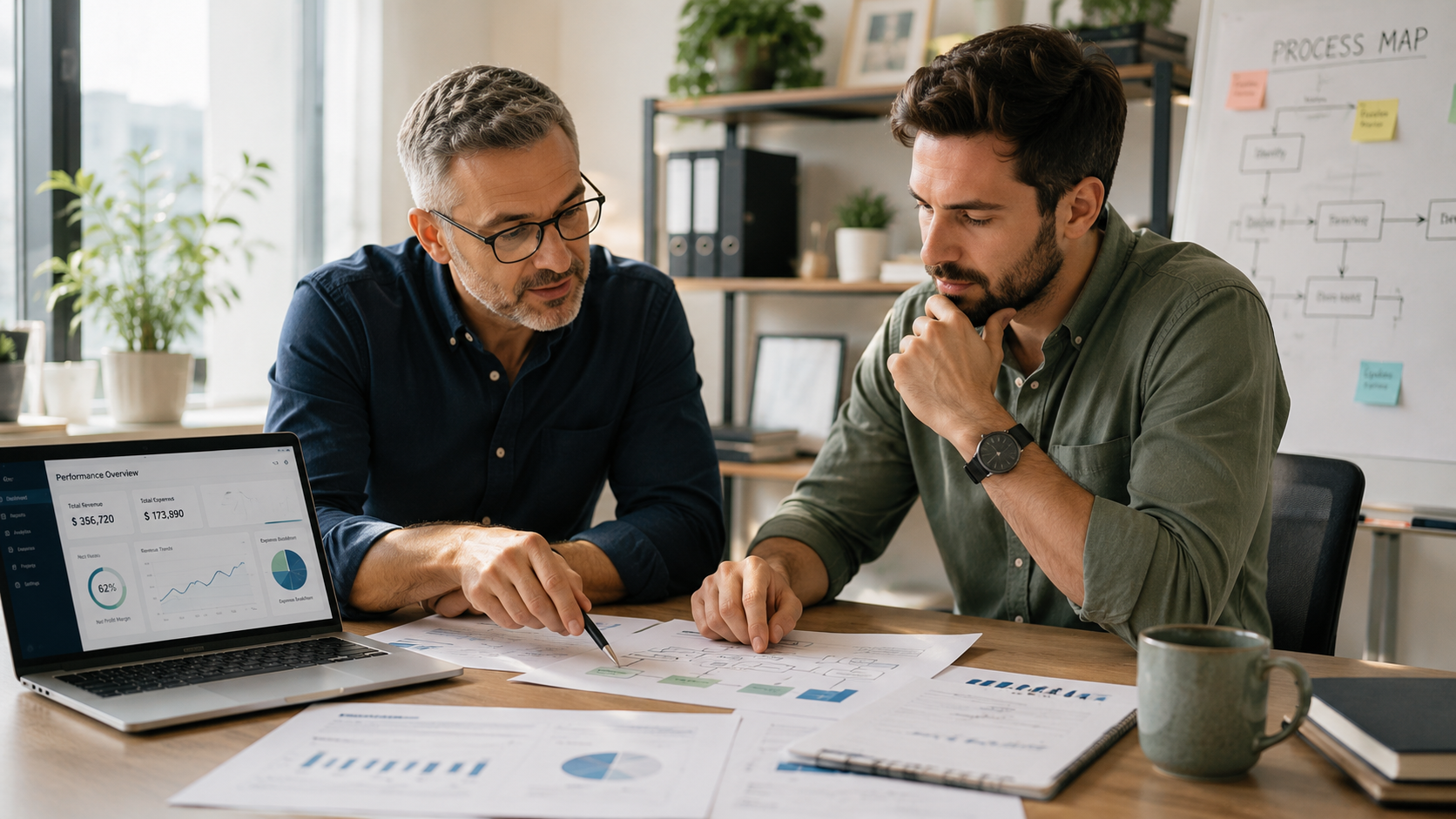 Experienced operations advisor and small business founder reviewing performance dashboards and process documents together in a bright modern office.