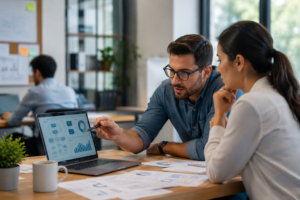 Two professionals reviewing workflow charts and KPI dashboards on a laptop during a business process optimization meeting in a modern office.