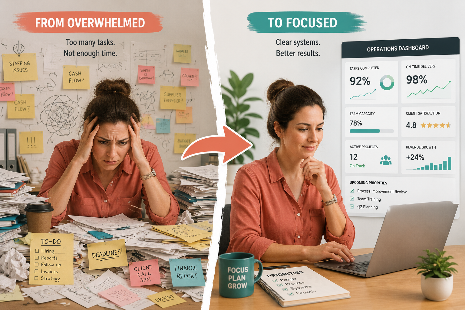 Split-scene illustration of a founder transitioning from a cluttered workspace filled with paperwork and sticky notes to an organized office with a clean operations dashboard, connected by a large arrow.