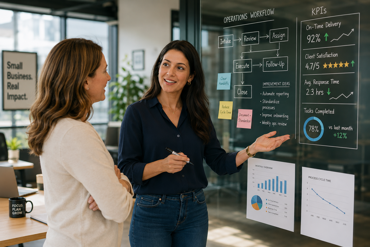 A female operations executive discusses workflow diagrams and KPI charts with a small-business founder beside a glass wall in a bright, modern office.