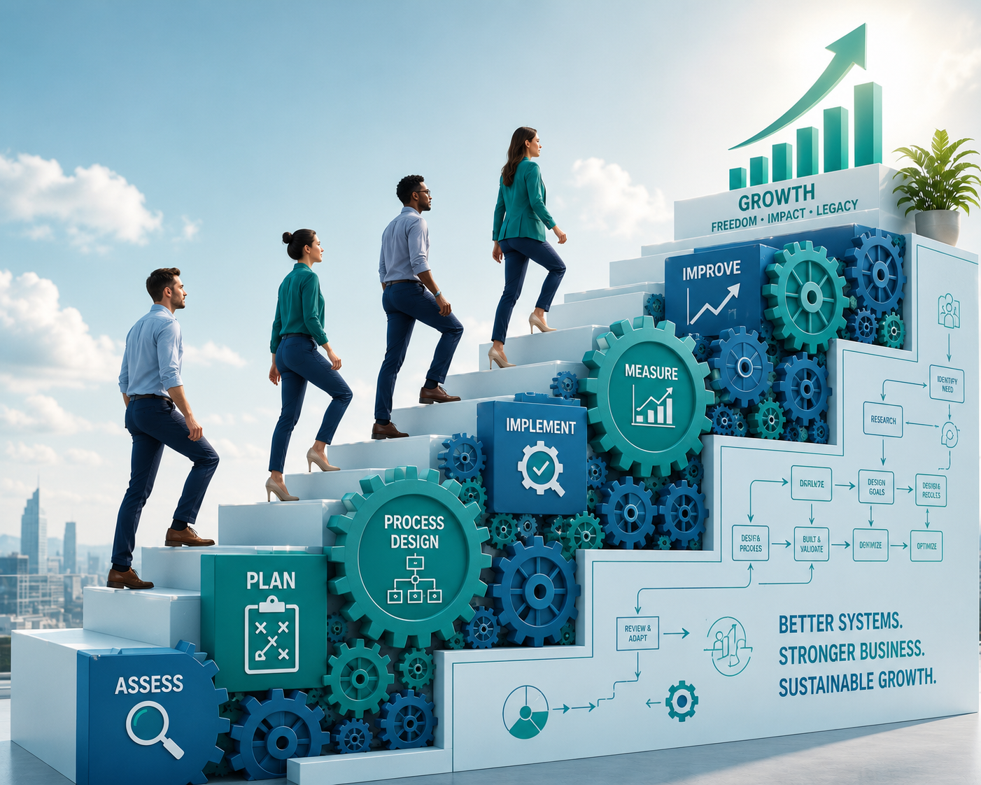 A semi-realistic 3D illustration of a business team climbing a staircase made of gears and process flowcharts toward an upward growth chart, using teal, blue, and light gray brand colors.