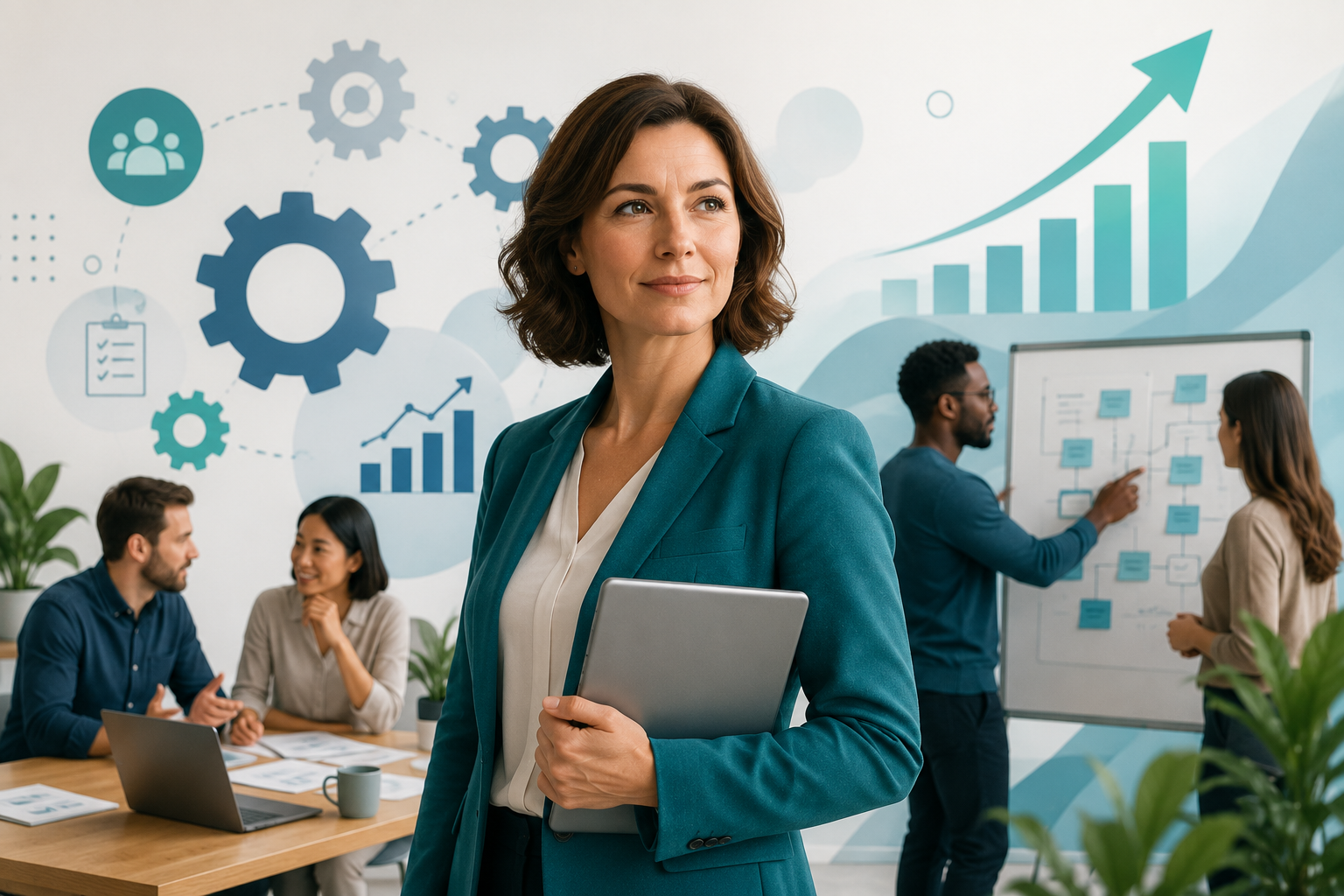 A confident fractional COO holding a tablet in a modern office while collaborating with a business team reviewing workflows, strategy, and operational planning.