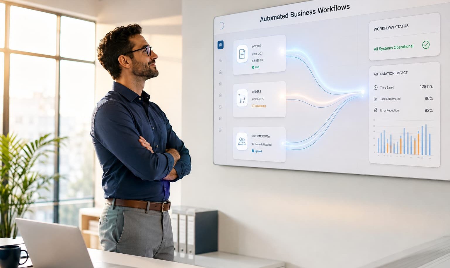 Small business founder reviewing an automated workflow dashboard connecting invoices, orders, and customer data in a modern office.