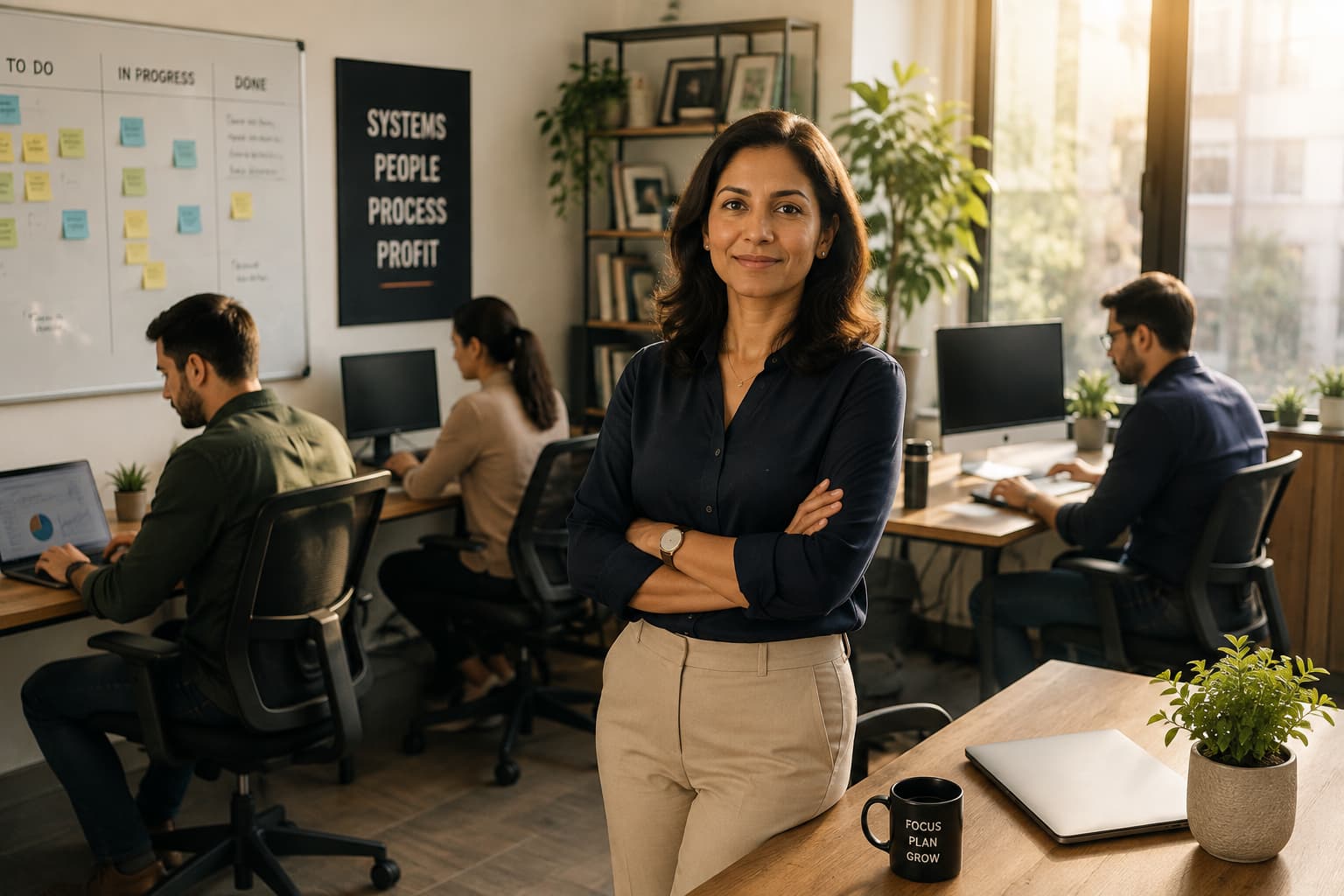 Small business founder standing confidently in a modern office while team members work independently at their desks.