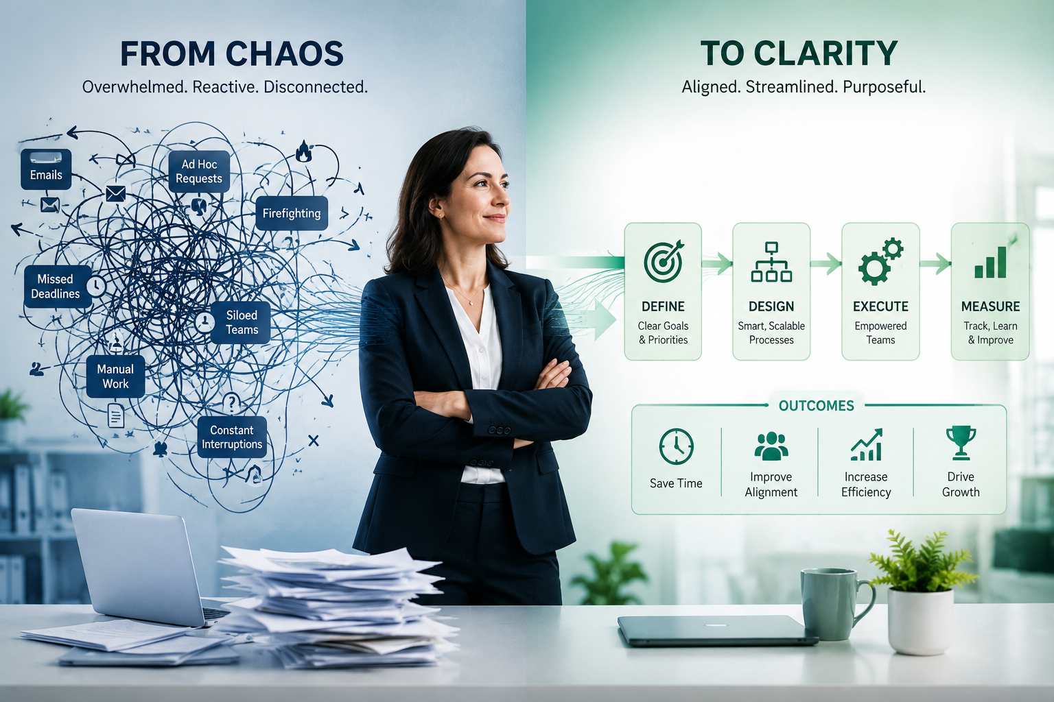 Split business graphic showing a chaotic workflow with missed deadlines and manual work transitioning into a clear, organized process for defining, designing, executing, and measuring operations.