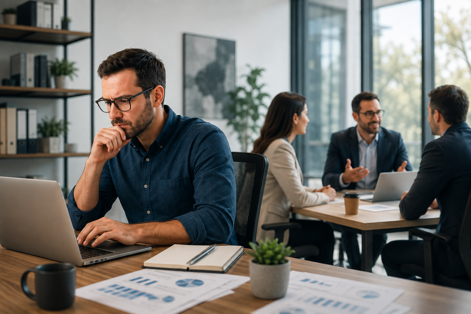 Business owner working independently on a laptop while a leadership team holds a collaborative meeting in a modern office.
