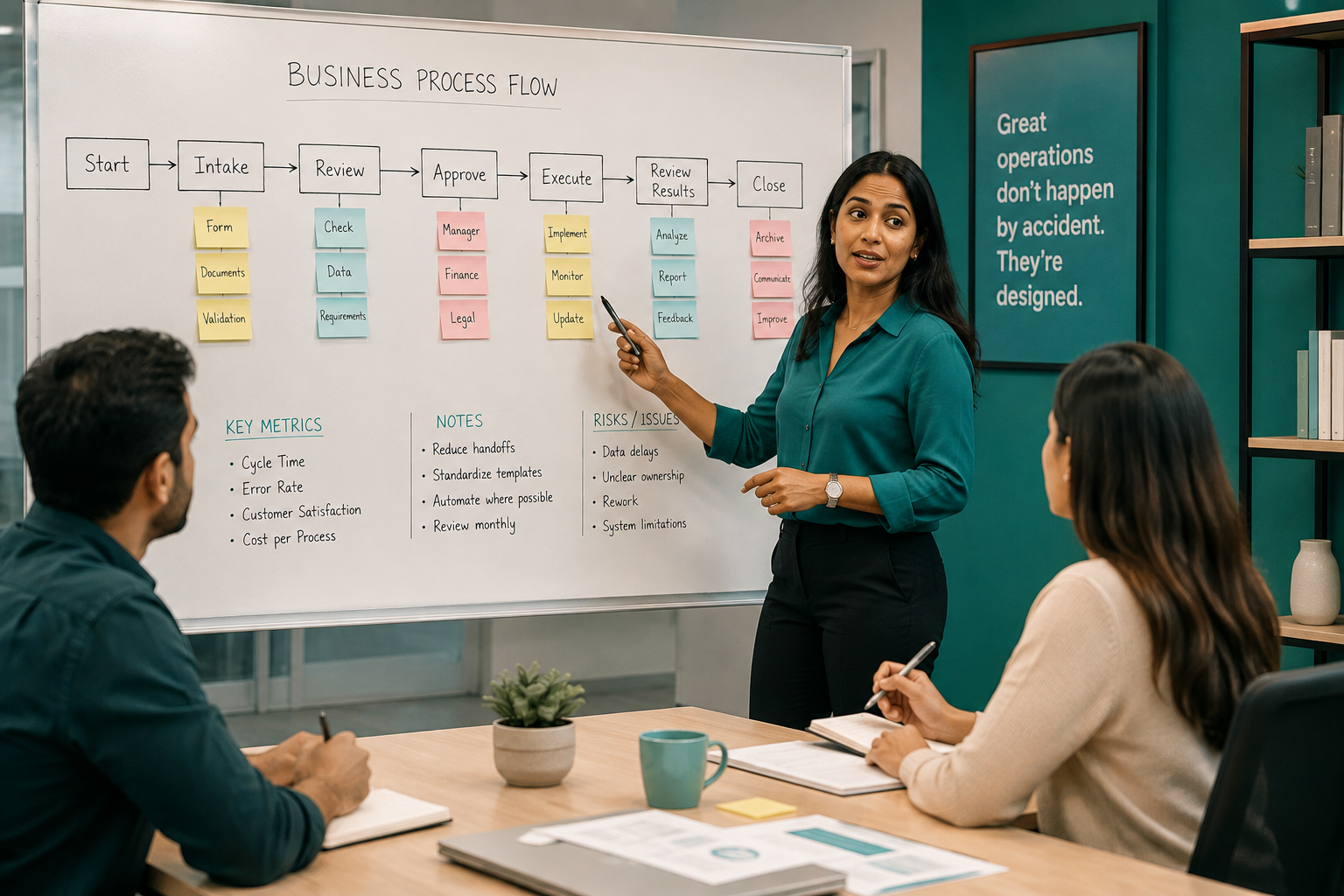 Female operations leader mapping a business process flow on a whiteboard while two colleagues take notes during a collaborative office meeting.