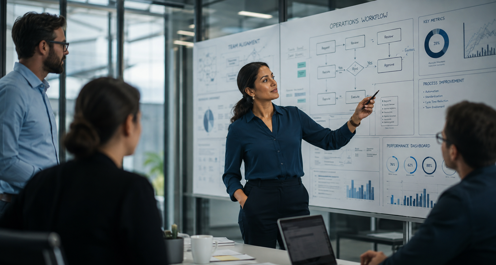 Female operations executive presenting workflow diagrams and KPI dashboards to a small business team in a modern glass-walled office.