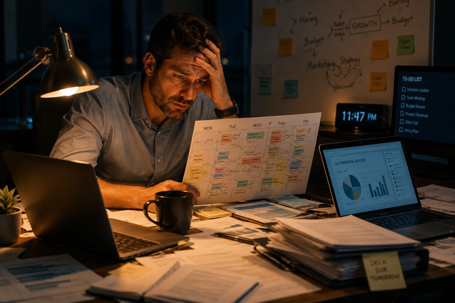 Stressed business founder working late at a cluttered desk with laptops, paperwork, financial reports, and a packed meeting calendar.