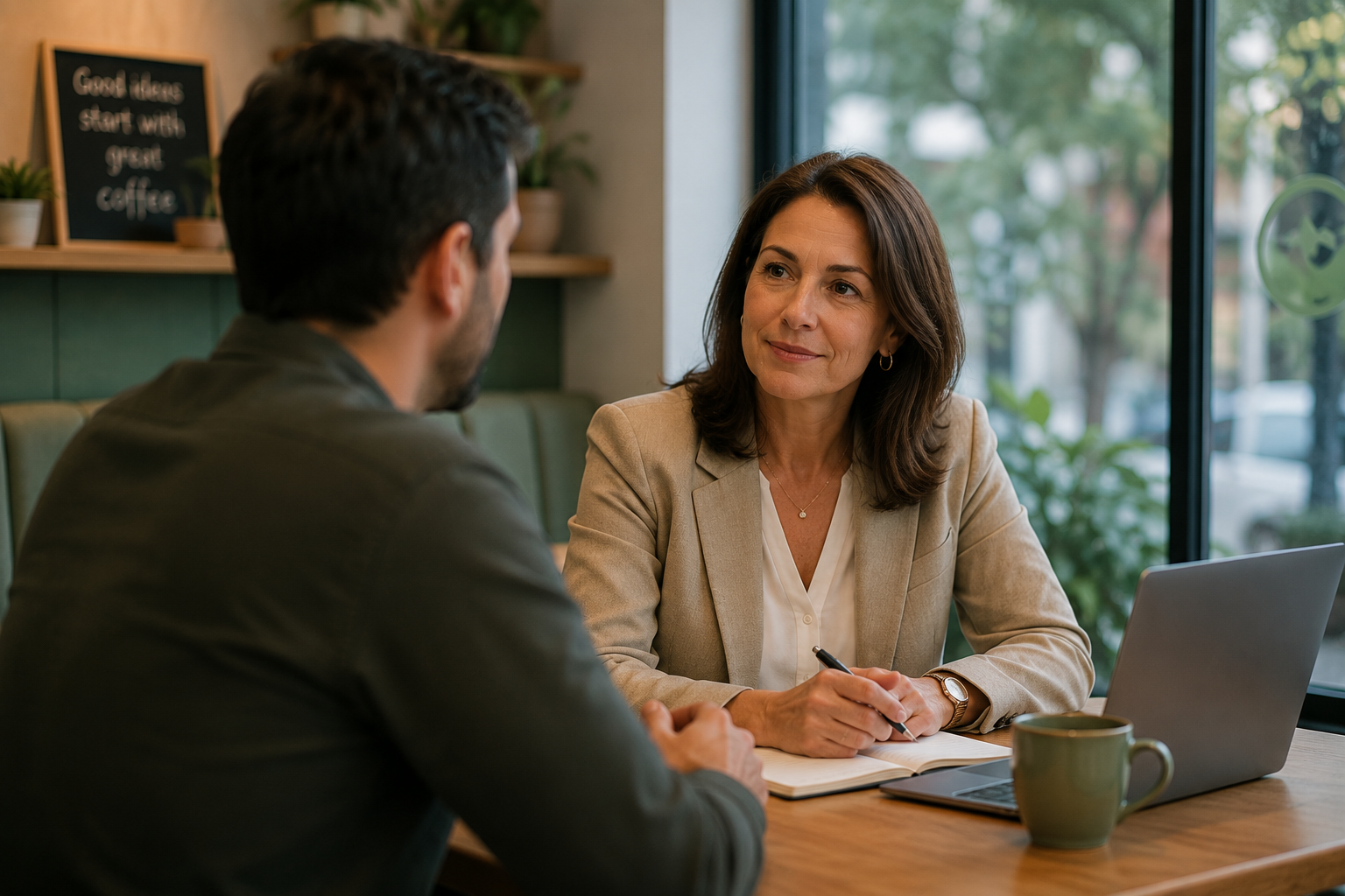 Female operations advisor meeting with a business owner at a cafe-style workspace with a laptop, notebook, and coffee on the table.