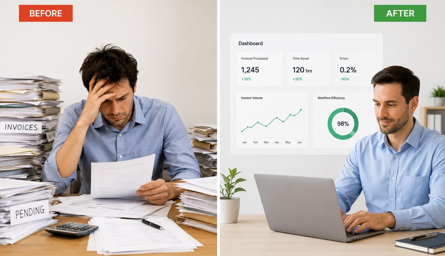 Split-screen showing a stressed employee surrounded by invoices contrasted with a calm employee using an automated business dashboard.
