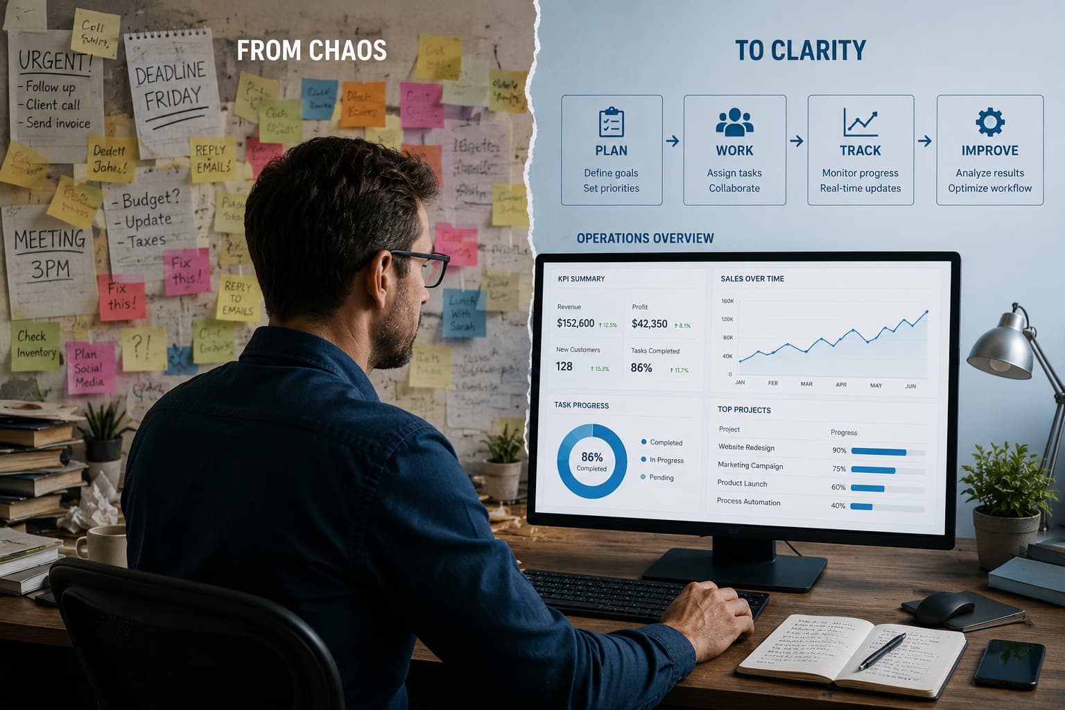 Small business owner reviewing an operations dashboard beside a cluttered wall of sticky notes, illustrating the transition from chaotic tasks to organized digital workflows.