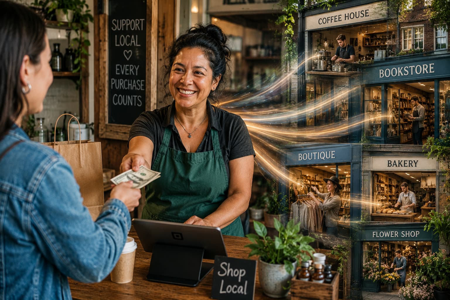 Customer paying a smiling small shop owner as glowing trails connect the purchase to nearby local businesses, including a bakery, bookstore, coffee shop, boutique, and flower shop.