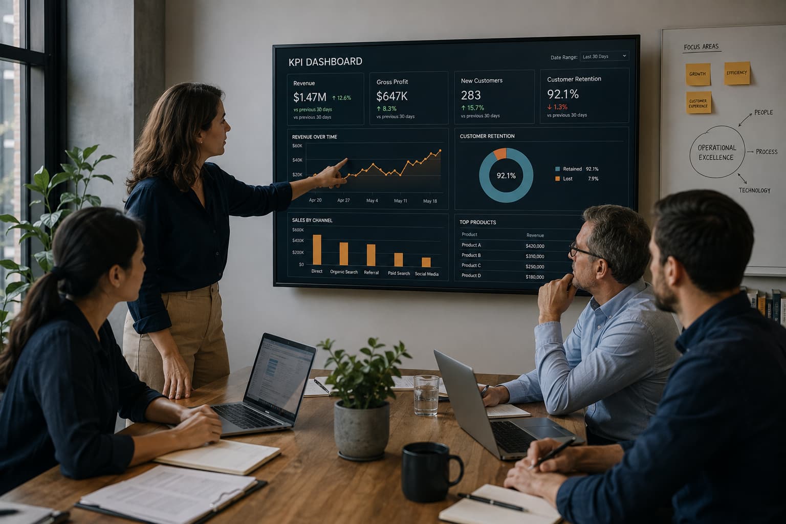 Leadership team reviewing a KPI dashboard on a wall-mounted screen and discussing business performance trends during an office meeting.