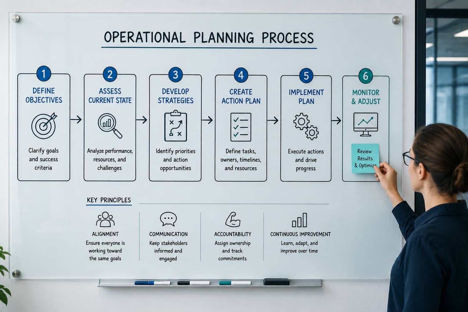 Operational planning process flowchart on a glass whiteboard showing six stages from defining objectives to monitoring and adjusting results.