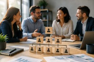 Business team discussing strategy with an organizational structure model on a table representing clear roles, leadership, and business planning.