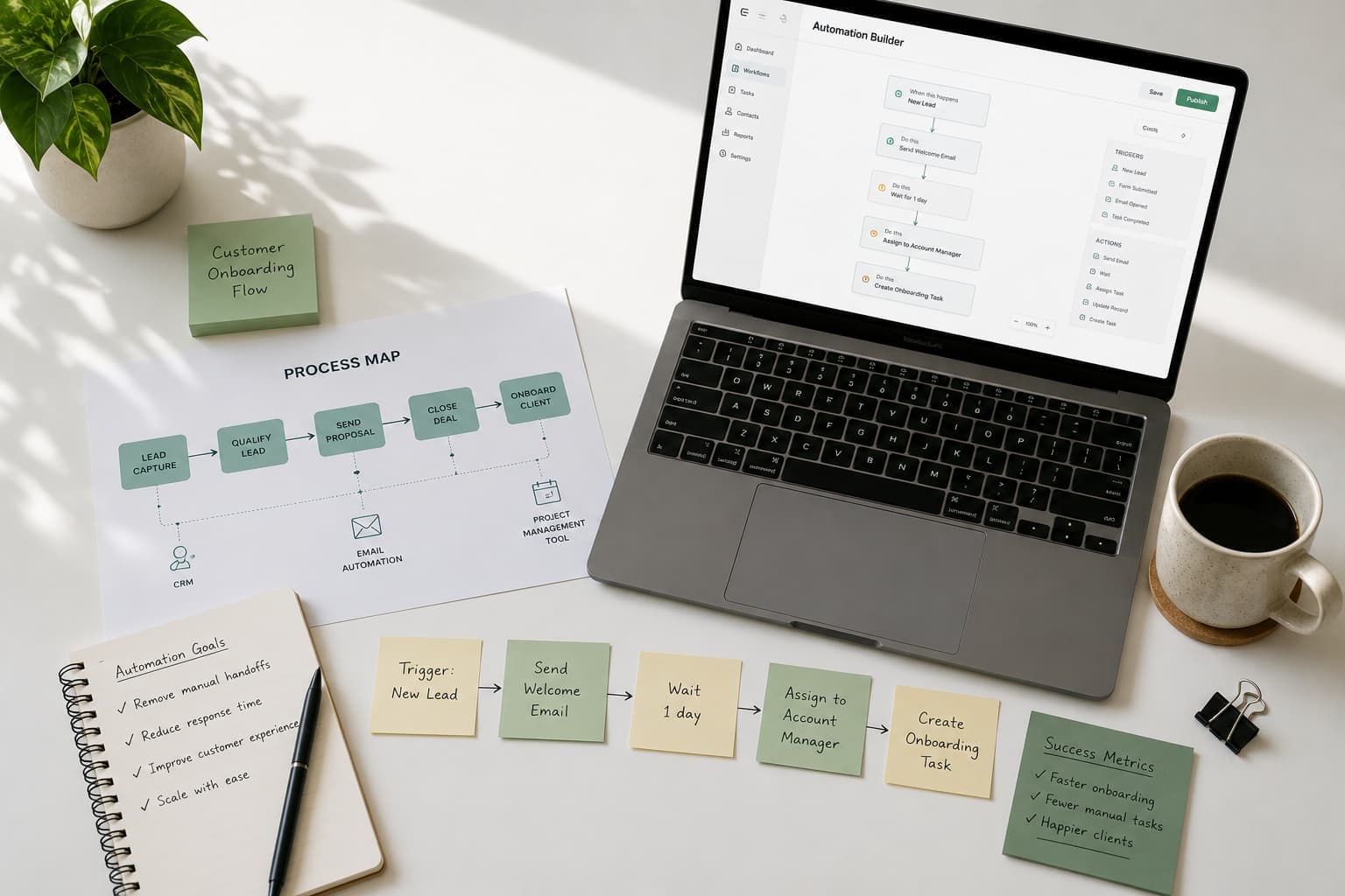 Overhead view of a workspace with a process map, workflow notes, laptop showing an automation builder, and coffee cup.