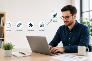 Founder working on a laptop beside a workflow graphic showing automation, integration, optimization, and business scaling.