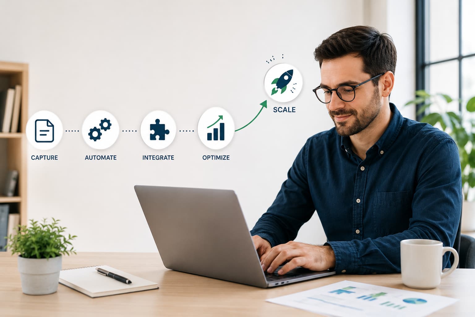 Founder working on a laptop beside a workflow graphic showing automation, integration, optimization, and business scaling.