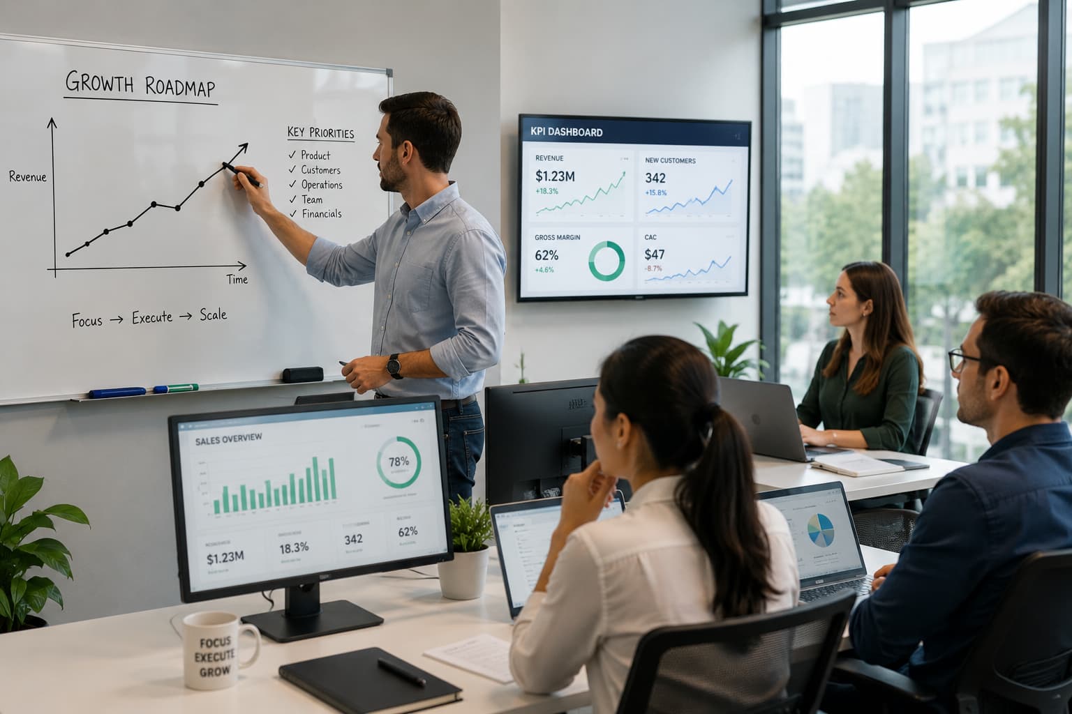 Small business team reviewing KPI dashboards while a colleague draws an upward growth trend on a whiteboard in a modern office.